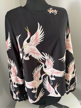 Chloe Dao Black Crane-Print Long Sleeve Blouse - Pink & White Crane Motif